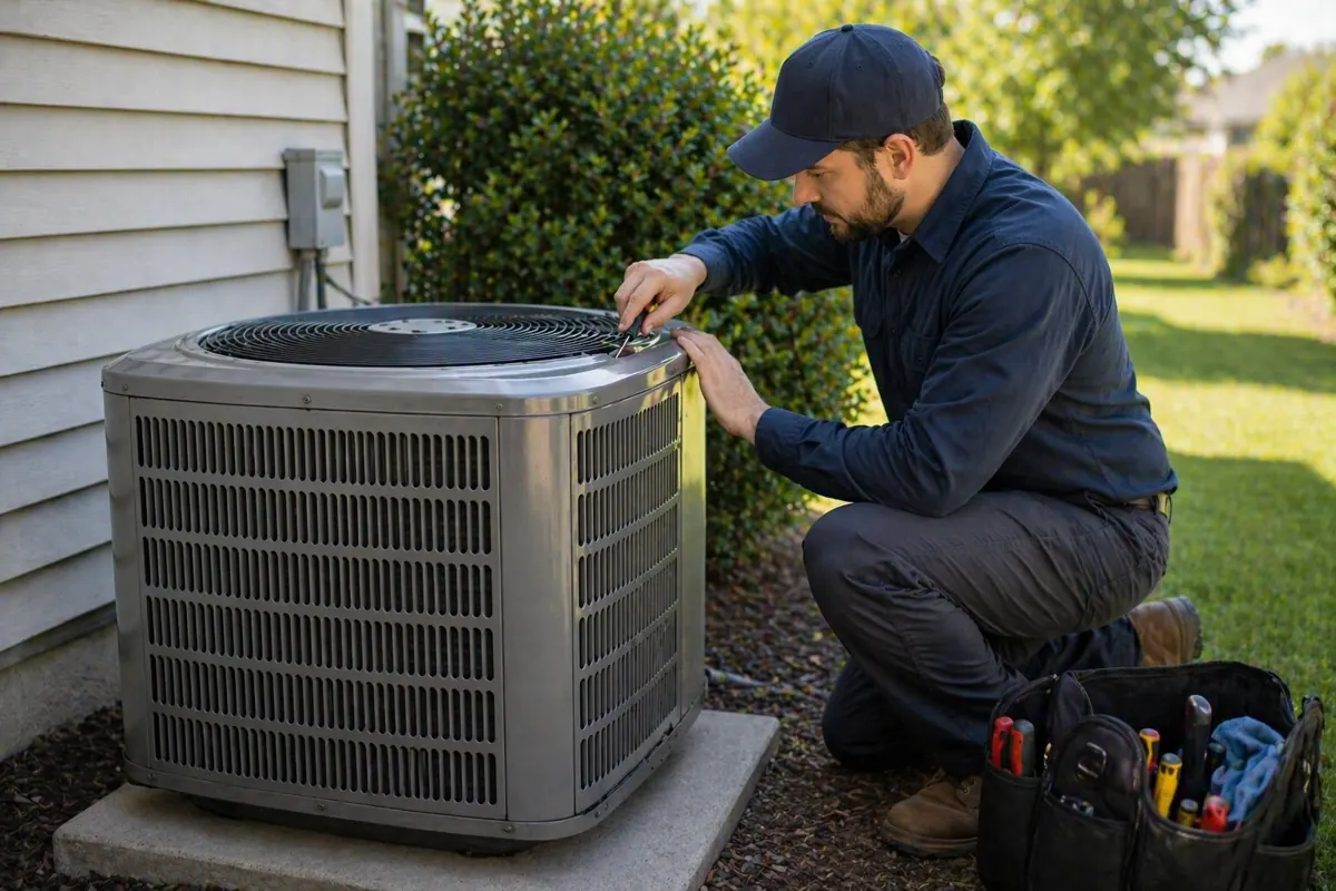 Technician performing maintenance on outdoor air conditioning unit