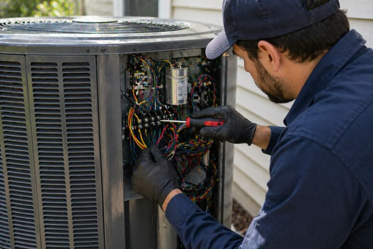 Technician inspecting internal components of air conditioning unit