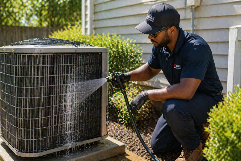 Technician cleaning outdoor air conditioner with hose during maintenance