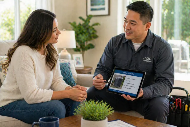 Technician explaining HVAC repair details to homeowner in living room