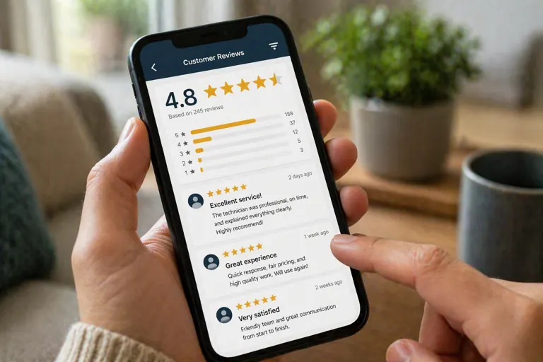 Homeowner reading HVAC company reviews on phone or tablet indoors