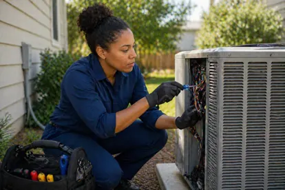 HVAC technician working on residential air conditioning system outdoors